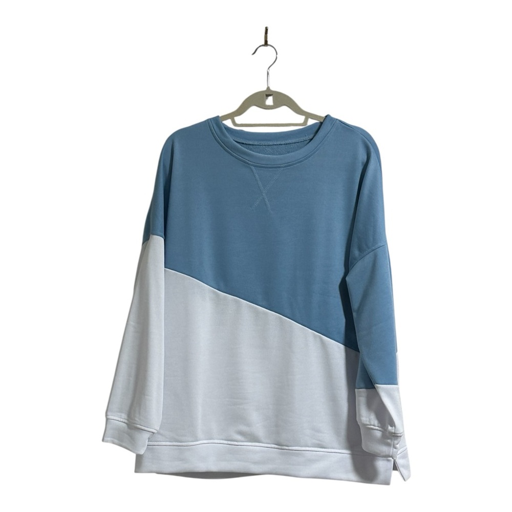 blue Tea Women Colorblock Sweatshirt XL  Tri-Color Side Split Seam Denim NEW